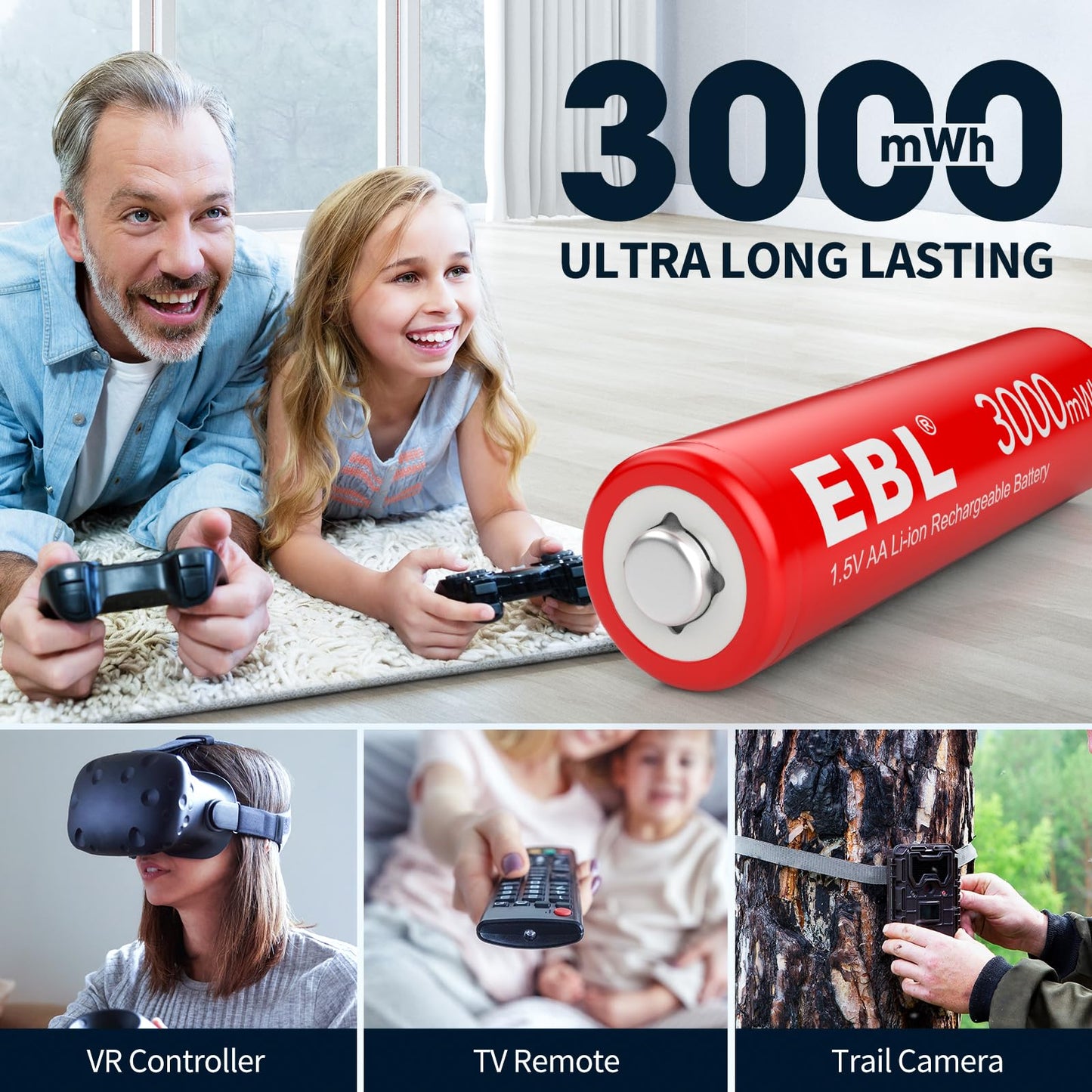 EBL 8 Pack Rechargeable Lithium AA Batteries, 1.5V 3000mWh Double a Batteries Long Lasting AA Li-ion Battery (8AA with Charger)