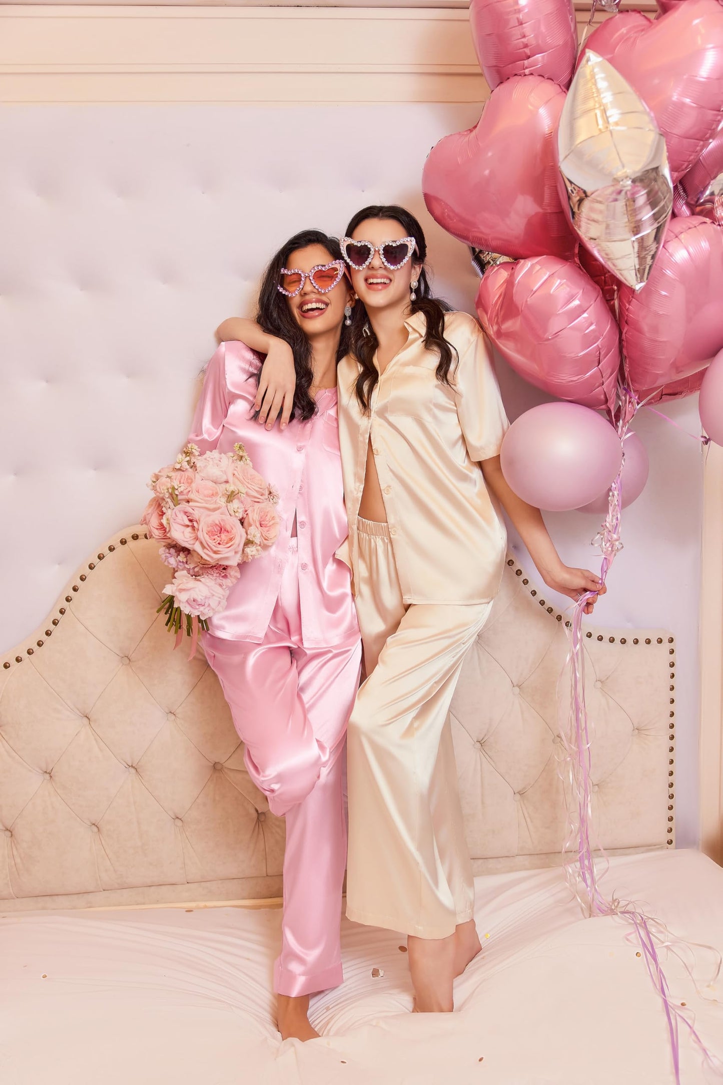 Ekouaer Silk Pajamas for Womens Set 2 Piece Satin Pjs Soft Button Down Sleepwear Wide Leg Long Pants with Pockets Champagne