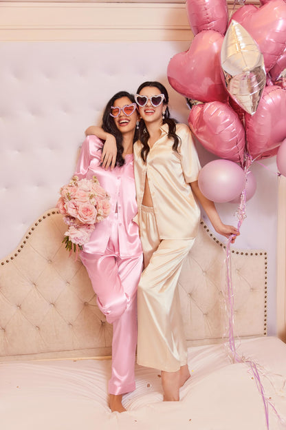 Ekouaer Silk Pajamas for Womens Set 2 Piece Satin Pjs Soft Button Down Sleepwear Wide Leg Long Pants with Pockets Champagne