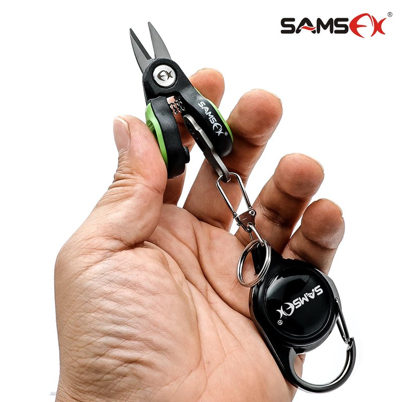 SAMSFX Fishing Nipper with Retractable Tether, Stainless Steel Blades that Cut Braid, Mono and Fluoro Lines, SNIP, Fishing Line Cutters (Green)