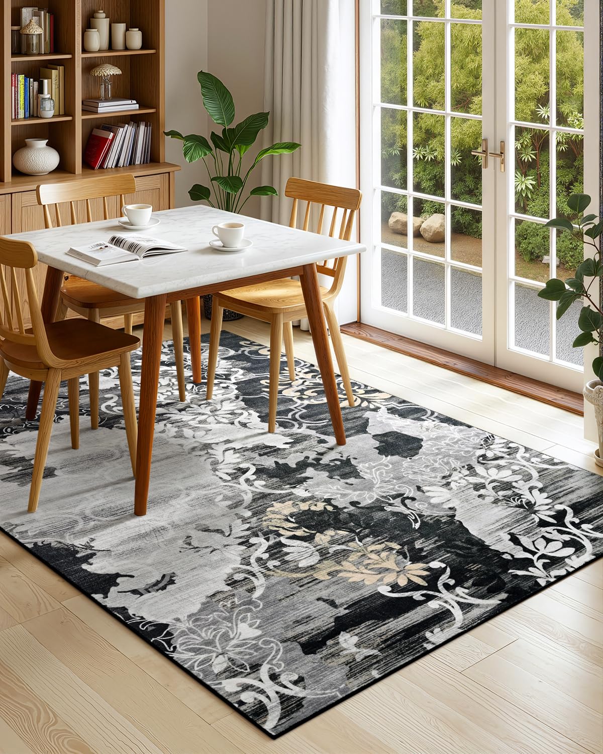 Washable Abstract Rug, 5x7 Black Floral Area Rugs with Non-Slip Rubber Backed for Bedroom, Low Pile Modern Throw Carpet Kitchen Living Room Decor