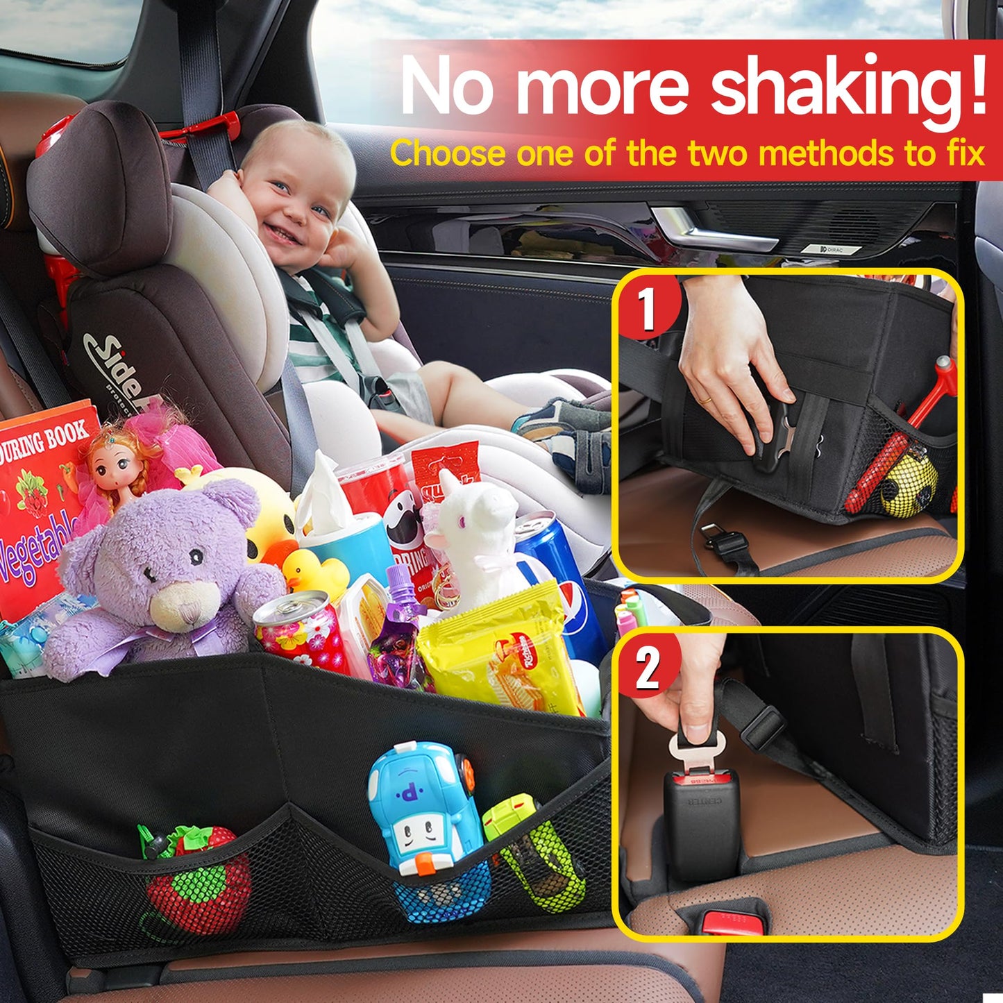 SURDOCA Car Seat Organiser for Front or Backseat, Travel Storage Accessories for Kids, Backseat Organiser with Tray for Toys, Snacks, Cups, Books, Tissue, Tidy and Clean