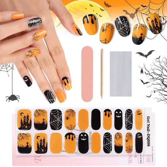 Halloween Cured Gel Nail Polish Strips, TOROKOM 20 Stickers Halloween Gel Nail Polish Stickers Full Wraps Nail Art Stickers Bat Spider Net Face Gel Stickers with Nail File and Stick