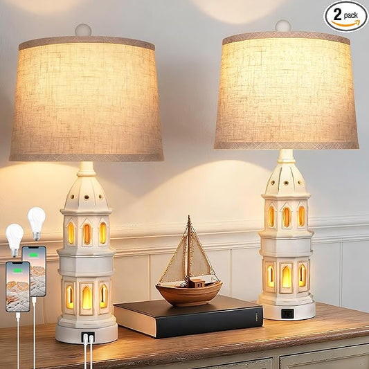 PARTPHONER Coastal Table Lamps Set of 2, Beach Lamps for Living Room with USB A+C, Nautical Lighthouse Lamps, Modern Bedside Nightstand for Bedroom, End Table and Reading