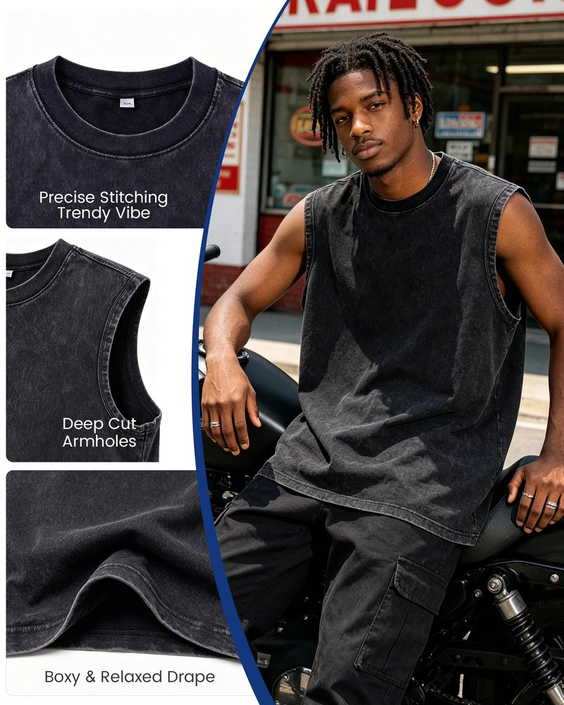 TinyChoice Men's 3-Pack Sleeveless Shirts Gym Muscle T-Shirts Acid Wash Workout Tees Cut Off Loose-Fit Athletic Tank Tops, Black Grey Off-White, XL
