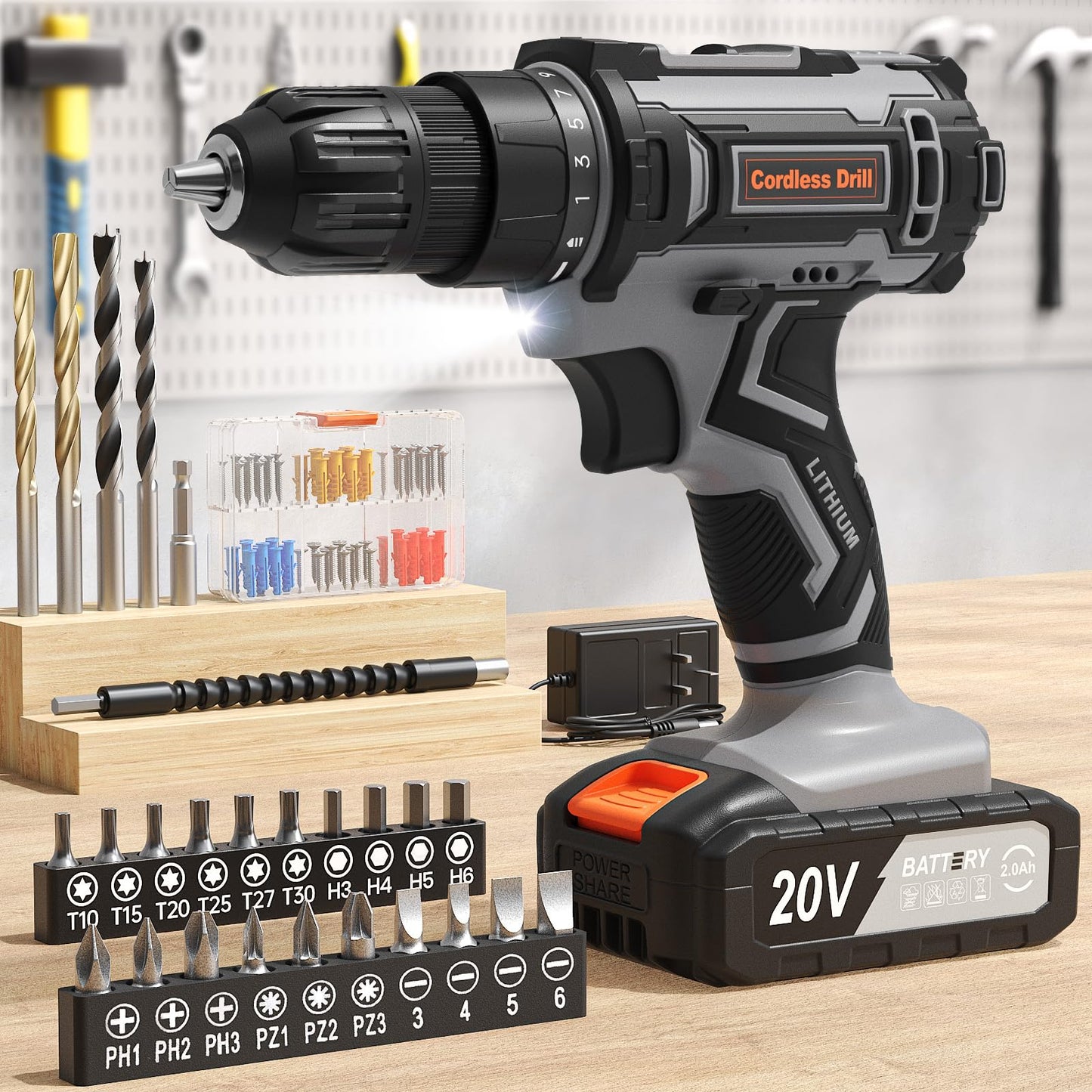 VIWKO Cordless Drill, 20V Electric Combi Drill Set with 86 Accessories, 2.0Ah Rechargeable Battery Hand Drills, Electric Screwdriver 370 in-lb 25+1 Torque 2 Speed, Power Tools for DIY & Home Projects