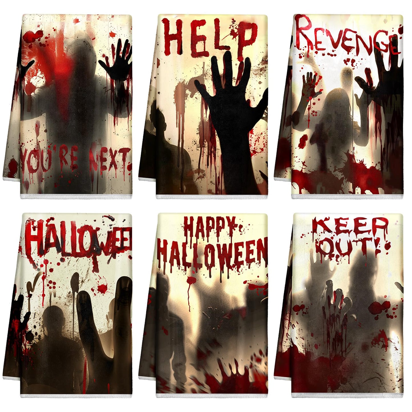 Ganeen 6 Pcs Halloween Kitchen Towels Scary Ghost Dish Towels Bloody Text Hand Towel Horror Zombie Towels 14.2 x 21.3 Inch for Decorative Bathroom Guest Holiday