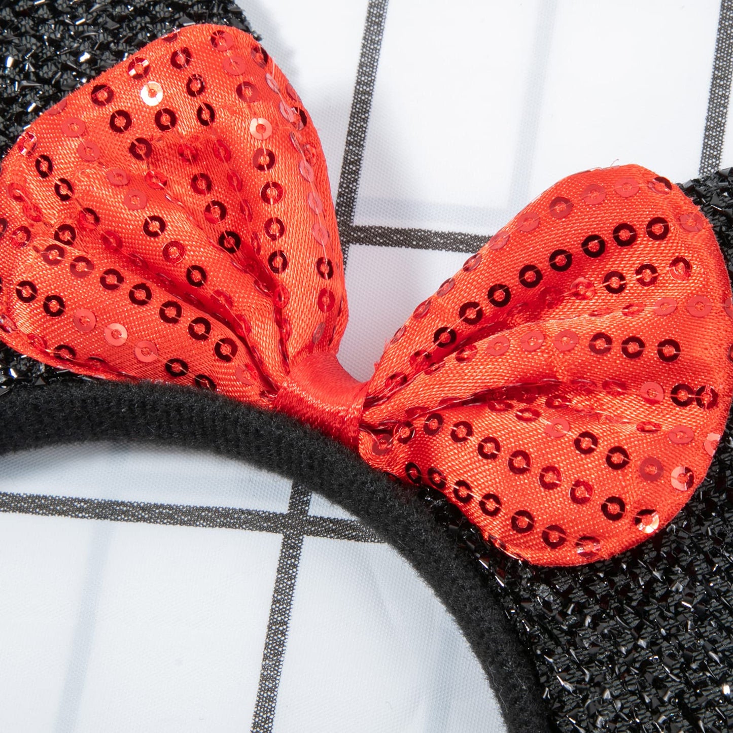 CHuangQi Mouse Ears Headband for Boys and Girls Birthday Party or Celebrations, Solid Black and Red Bow, 12pcs