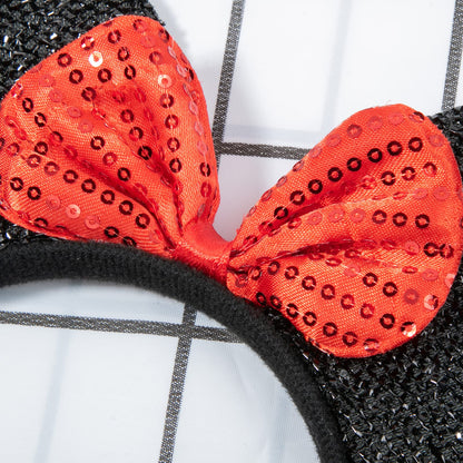 CHuangQi Mouse Ears Headband for Boys and Girls Birthday Party or Celebrations, Solid Black and Red Bow, 12pcs