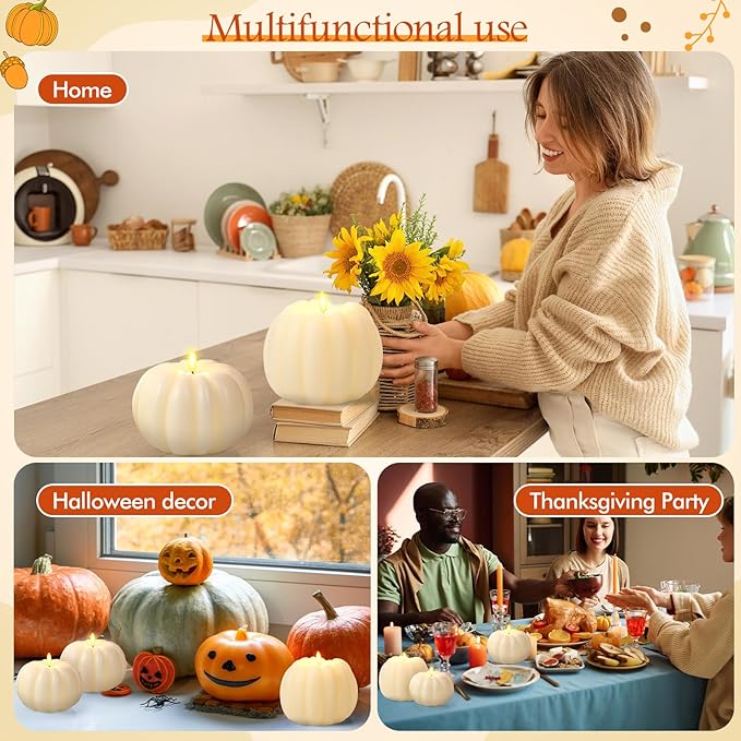 Retisee 3 Pcs Flameless Thanksgiving LED Candle Fall Light up Pumpkin Flameless Candles with Timer Remote Control, 4" 6" h Autumn Farmhouse Rustic Harvest Decor for Home Party(Ivory)