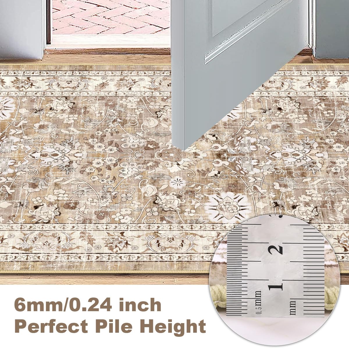 LOKHOM Washable Runner Rug, 2x10 Non-Slip Boho Hallway Rug with Rubber Backing, Vintage Soft Stain Resistant Distressed Kitchen Runner Rug for Kitchen Laundry Entryway Bedroom (Beige Brown)
