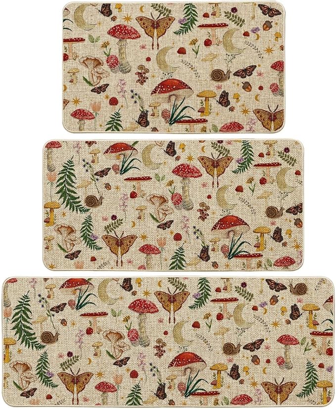 Artoid Mode Mushrooms Butterfly Spring Kitchen Mats Set of 3, Home Decor Low-Profile Kitchen Rugs for Floor - 17"x29"+17"x36"+17"x47"