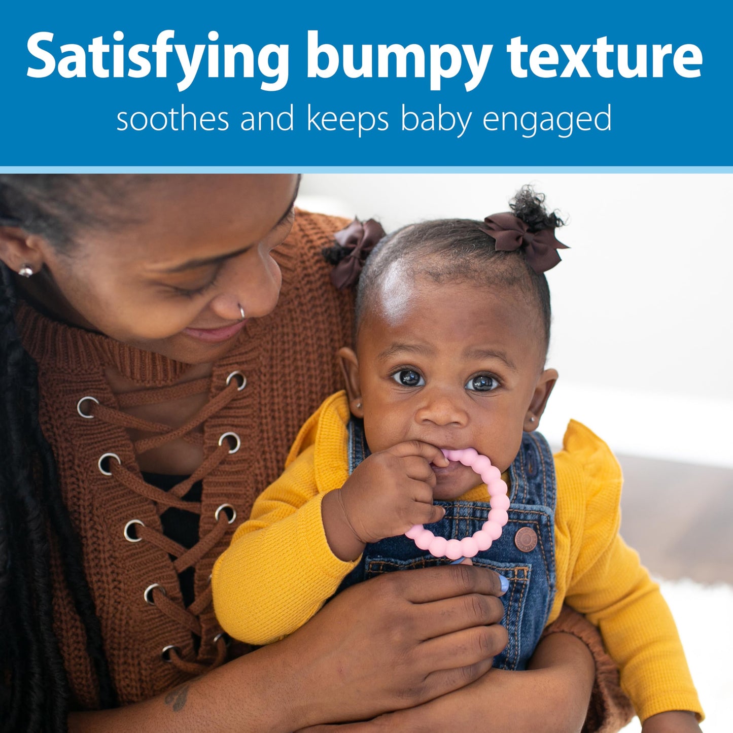 Dr. Brown's Flexees Beaded Teether Rings, 100% Silicone, Soft & Easy to Hold, Encourages Self-Soothe, 3 Pack, Blue, Light Blue, Black, BPA Free, 3m+