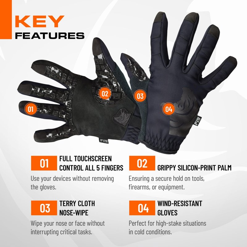 PIG FDT Full Dexterity Cold Weather Gloves, Insulated, Touchscreen Compatible, Silicone Grip, for Shooting Sports, 1 Pair, Black, Large