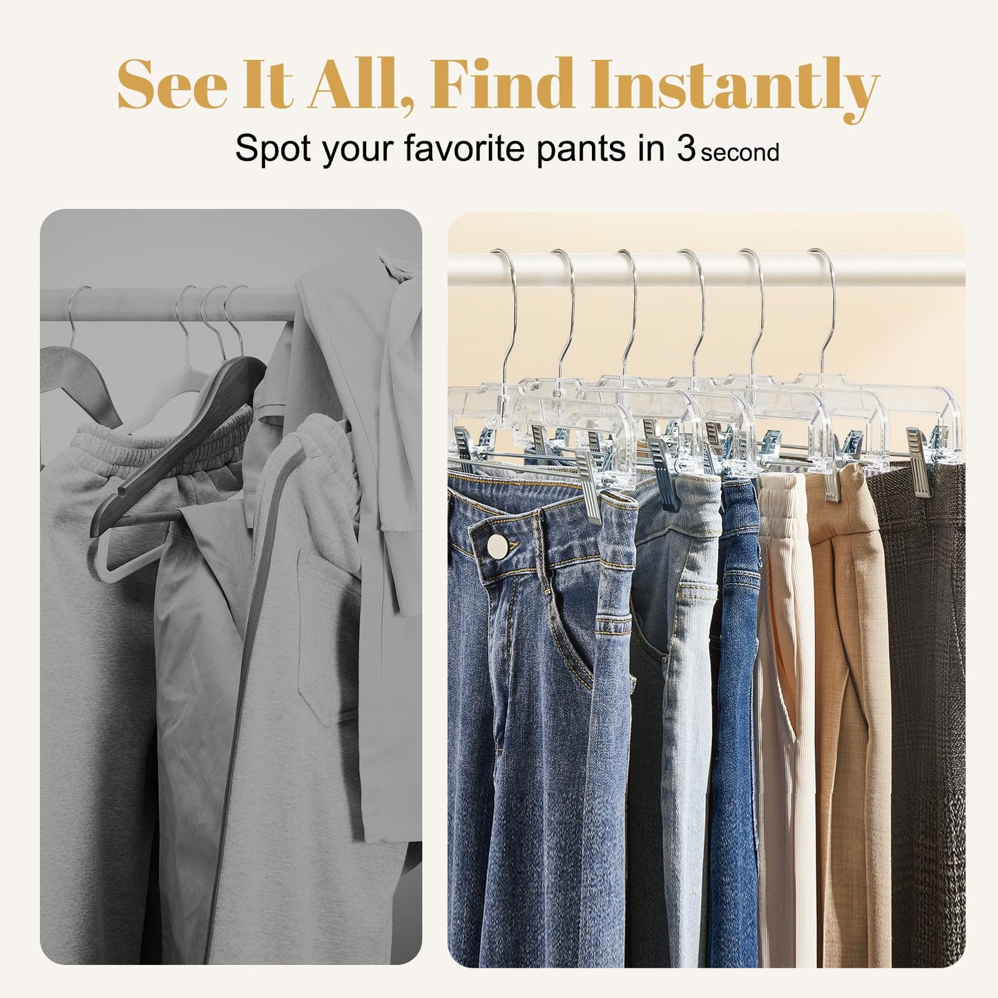 HOUSE DAY 12 Pack 14 inch Clear Plastic Skirt Hangers with Adjustable Clips, Pants Hangers 360-Rotating Swivel Hook, Clip Hangers for Pants, Trousers, Skirts, Jeans, Bulk Plastic Hangers