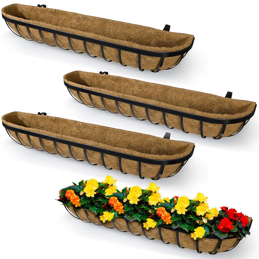 BeapTcely 4 Pack 36 Inch Window Deck Railing Planter Boxes with Coconut Liner, Large Hanging Window Flower Boxes Metal Railing Planter for Balcony Fence Porch (4, 36 Inch)