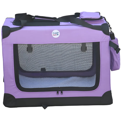 HugglePets Foldable Fabric Pet Crate Carrier - Purple (Large 70 x 52cm) Lightweight & Ventilated Double Door Carrier for Dogs & Cats with Sheepskin Mat. Ideal for Home & Travel.