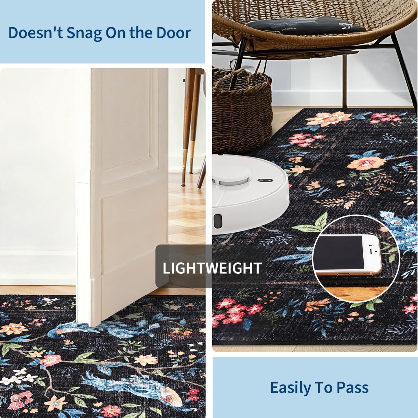 GarveeHome 5x7 Area Rug Floral Peacock Black Washable Rugs for Living Room Bedroom, Soft Low Pile Non Slip Accent Floor Mat Animal Print Throw Rug Indoor Carpet Dining Room Playroom