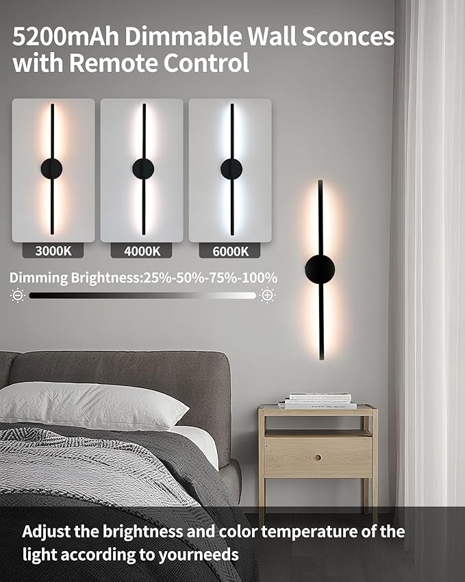 Wireless Wall Sconces Set of 2 Led，28Inch Battery Operated Wall Lights with Remote Control，360°Rotate Dimmable Wall Lamps for Living Room, Bedroom and Hallway (Black)