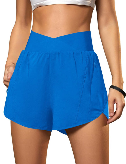 Blooming Jelly Women's Workout Shorts Athletic Running Crossover High Waisted Gym Sport Yoga Shorts with Zipper Pockets (Blue,Small)
