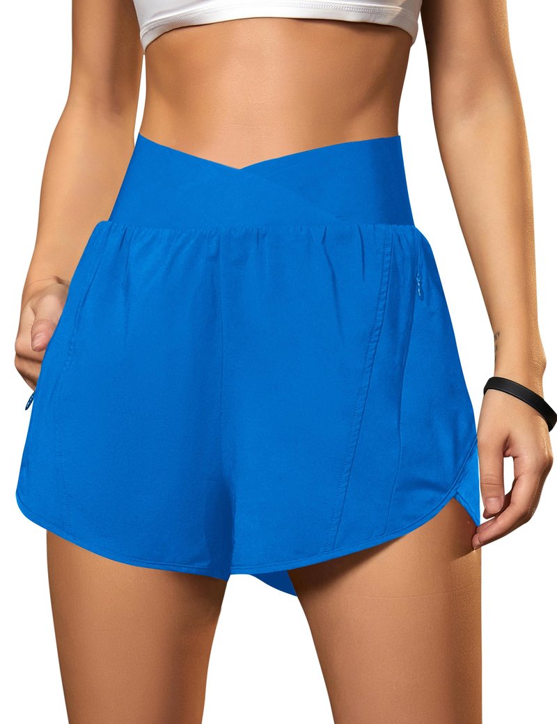 Blooming Jelly Women's Workout Shorts Athletic Running Casual Summer Quick Dry Gym Active Shorts with Zipper Pocket (Blue,Large)