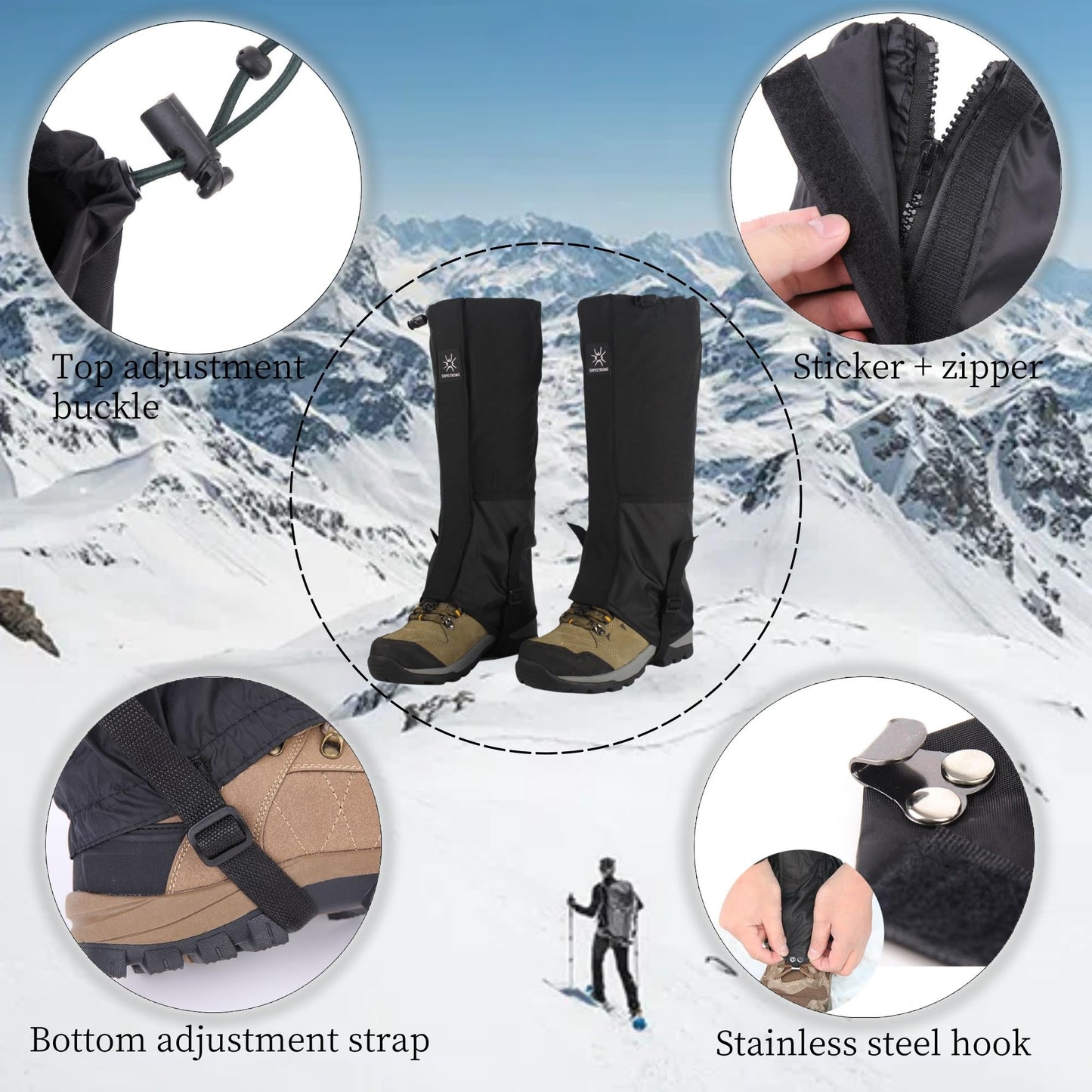UNIQOCK 2 Pairs Leg Gaiters Adjustable Shoe Snow Boot Guard Gators for Running Shoe Gaiters, Trail Running Gaiters Sandproof, Waterproof Hiking Gaiters, Ankle Gaiters, Snow, Mountain Climbing