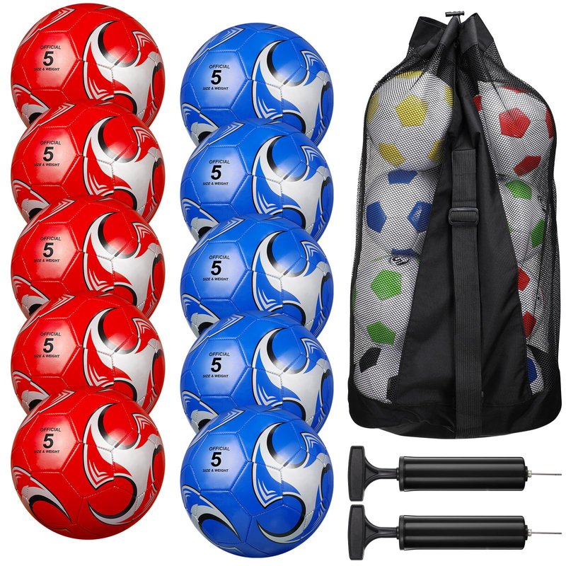 Libima 13 Pcs Soccer Ball Bulk 10 Pcs Official Size 4, 5 Soccer Ball with 2 Pump and Carry Bag Outdoor Indoor Training Practice Football Sports Party Back to School(Size5,Classic Style,Red, Blue)