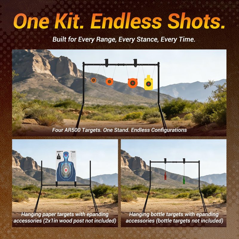 AR500 Steel Targets and Stand System Kit - 3/8" Thick with 4",6",8" Gongs & 7"x12" Torso, Adjustable 35.5"-63.5" Shooting Target Stand, Bonus 10pc Paper Targets & 10 Stickers for Outdoor Rifle Pistol