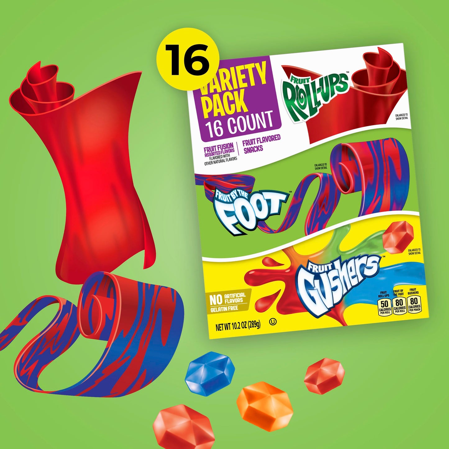 Fruit Roll-Ups, Fruit by the Foot, Gushers, Flavored Snacks Variety Pack, Gluten Free, 16 Ct, 10.2 oz