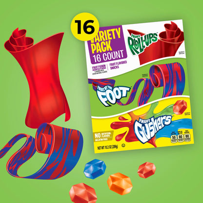 Fruit Roll-Ups, Fruit by the Foot, Gushers, Flavored Snacks Variety Pack, Gluten Free, 16 Ct, 10.2 oz