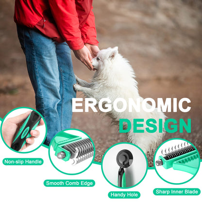 Cat Brush, Dog Grooming Brush, Rabbit Comb for shedding, LIUCOLI Professional Pet Hair Remover Rake - Eliminates Tangles Knots for Long/Short Hair, Removes Dead Undercoat and Loose Hairs Green