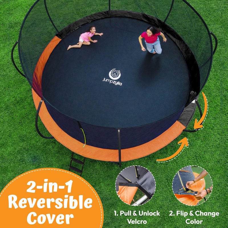 JUMPZYLLA Trampoline Outdoor 8FT 10FT 12FT 14FT 15FT 16FT with Enclosure and Ladder, ASTM Approved Recreational Trampoline for Kids and Adults, Anti-Rust Coated Frame (Orange, 15FT)