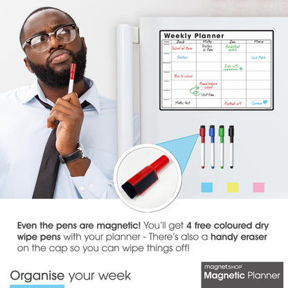 TMS A3 Magnetic Weekly Planner Whiteboard for Fridge | Dry Wipe Meal Planner, Calendar or Memo Board | Plan Family or Business Tasks | Dry Erase to Do List Magnet | with 4 Dry Erase Pens [30 x 42cm]