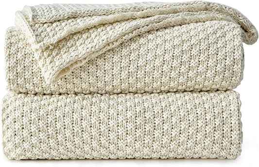 Longhui bedding Cream Knitted Cotton Throw Blanket for Couch, Soft, Cozy Machine Washable 100% Cotton Sofa Cable Knit Blankets, Heavy 4.0lb Weight, 60 x 80 Inches, Beige Color