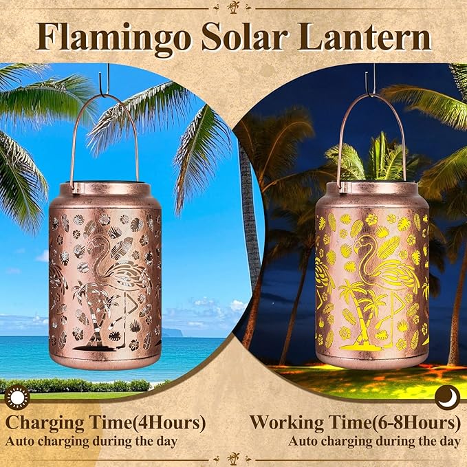 Flamingo Solar Lanterns Outdoor Waterproof Garden Decor Lantern Gifts for Mother Grandma, Retro Metal Hanging Solar Lights Decoration Outside for Yard, Patio, Backyard, Porch, Flamingo Gifts
