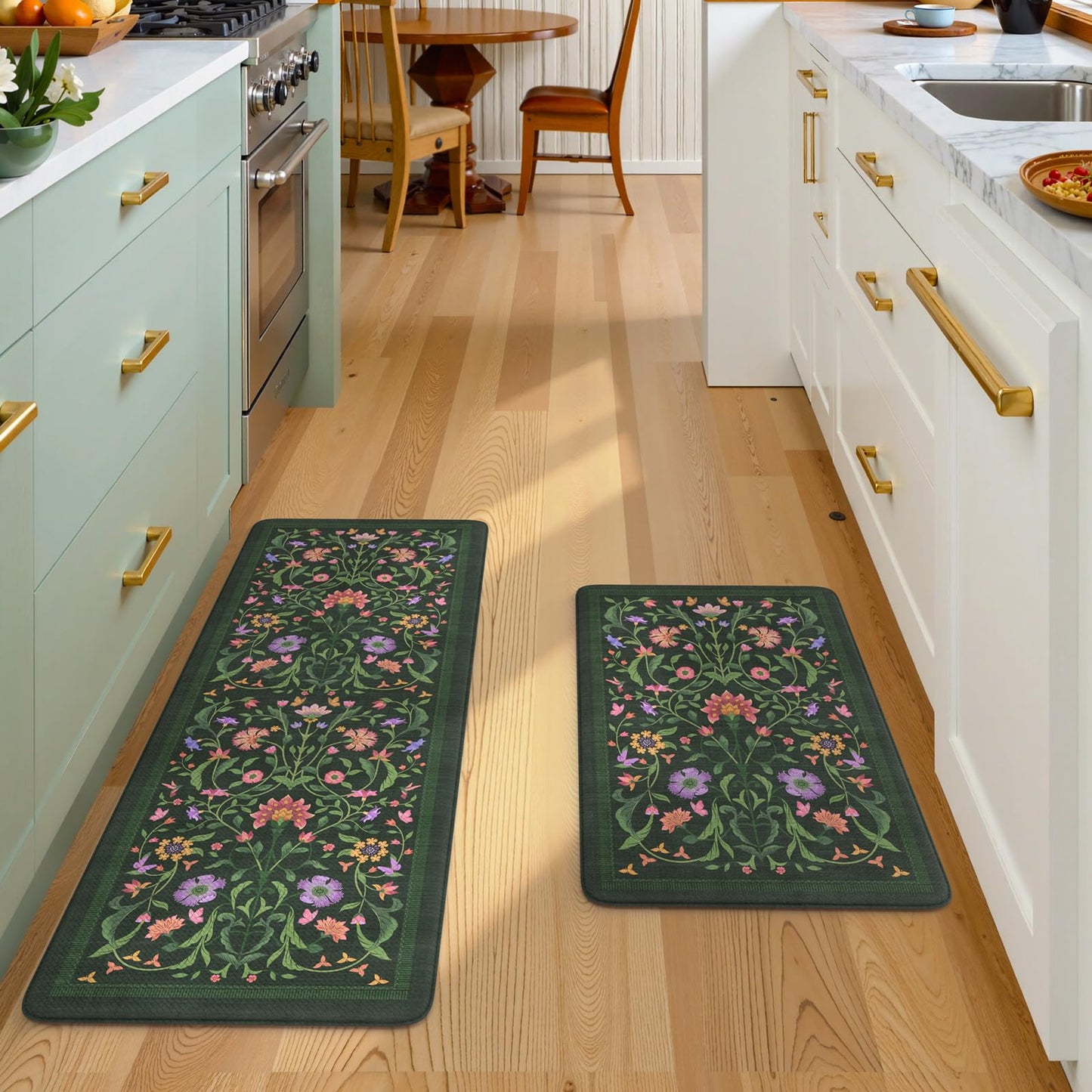 Collive Kitchen Mats for Floor, Cushioned Anti Fatigue Mat Green Floral Rugs 2 Piece Non Skid Waterproof Sink Rug, Memory Foam Comfort Standing Mat for Office, Laundry, Desk, 17.3"x29"+17.3"x47"