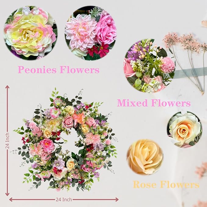 24 Inch Spring Summer Wreath for Front Door Outside Artificial Peonies Rose Flowers Morning Glory Mixed Flowers for Outdoor Front Door Indoor Wedding Wall Window Décor All Season