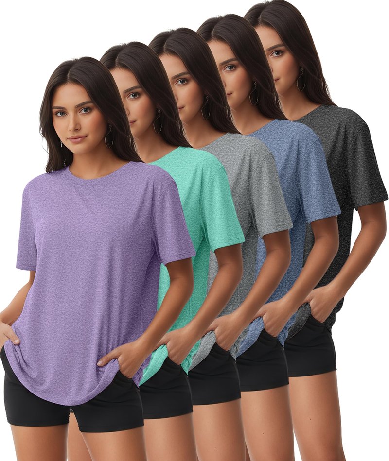 Kinglaman 5 Pack Workout Tops Gym Shirts for Women Dry Fit UPF 50+ Sun UV Protection Swim Athletic Yoga Tee T Shirts Tops 1 Black 1 Gray 1 Blue 1 Purple 1 Green Large