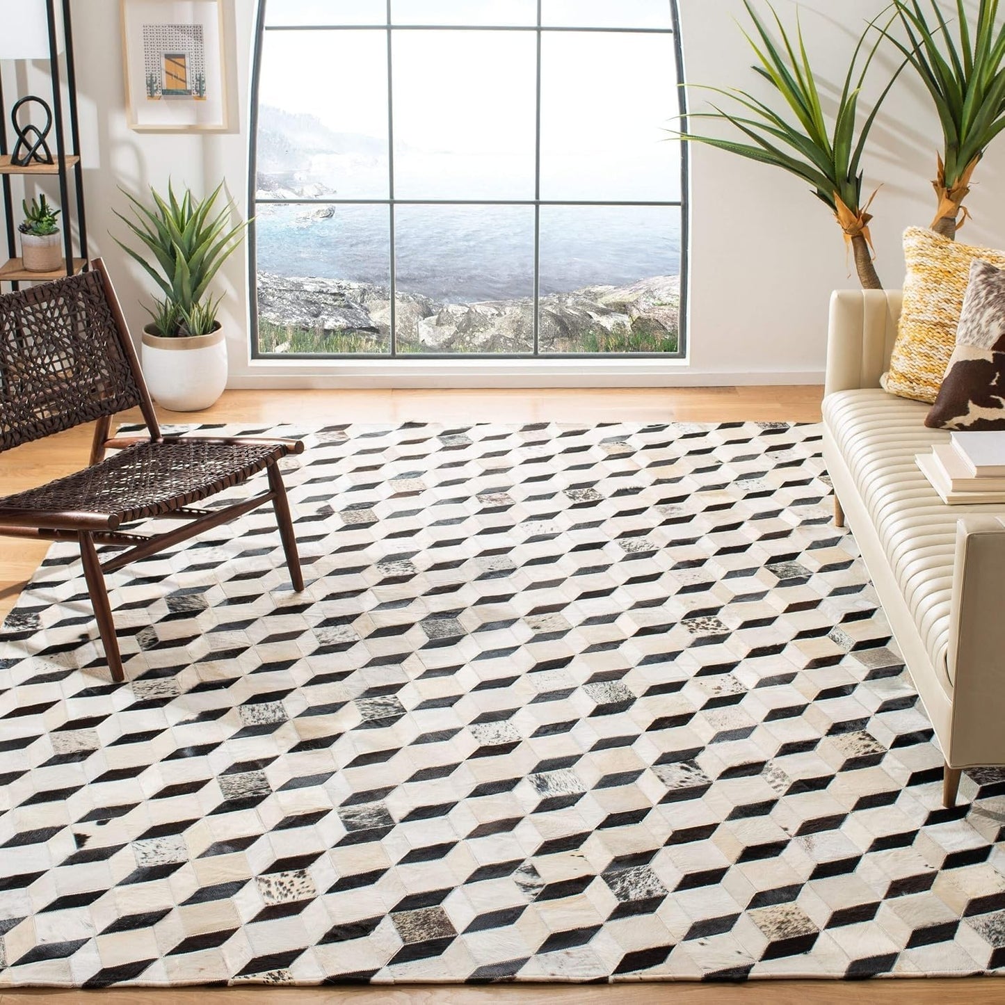 VELMONT STUDIO 3D Geometric Cowhide Area Rug – Handcrafted Black White Grey Patchwork Carpet – Modern Optical Illusion Cube Design for Living Room, Bedroom, Office – Natural Leather Feel
