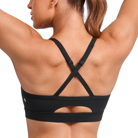 CRZ YOGA Butterlift Cut-Out Cross Back Sports Bras for Women - Medium Impact Adjustable Thin Straps Pilates Padded Gym Tops Black XX-Small