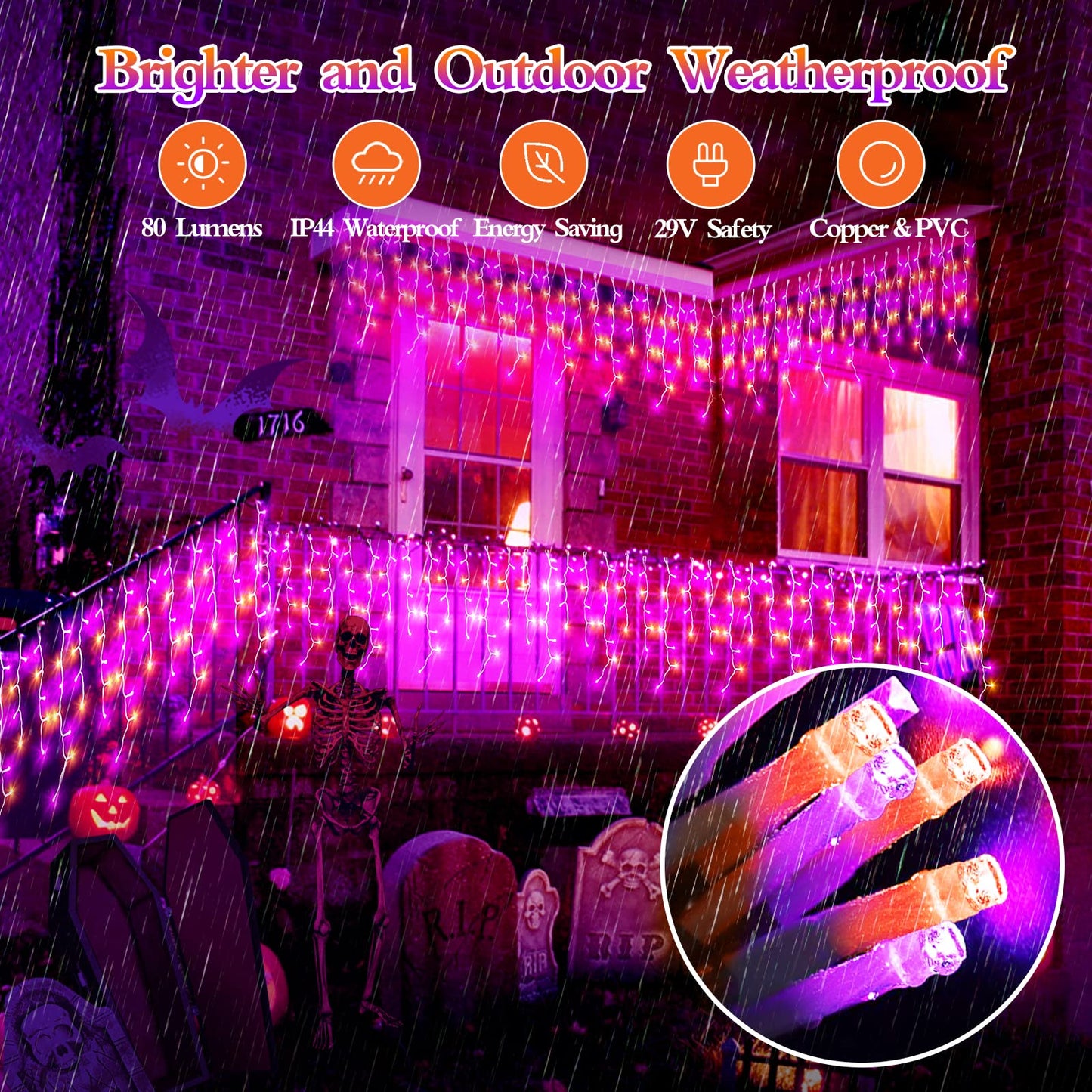 FLVOECN 480 LED 49FT Halloween Lights Plug in 8 Modes with Timer Dimmable Halloween Decorations Outdoor Waterproof String Lights for Roof Porch Garden Holiday Wedding Party Decor Orange Purple