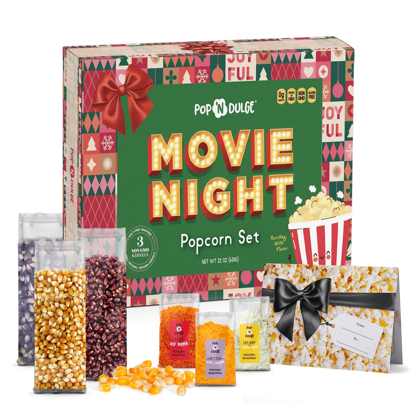 Movie Night Christmas Gifts - Holiday Popcorn Gift Baskets Gift Sets - 5 Non-GMO Gourmet Kernels and 5 Popcorn Flavoring - Perfect Family Gifts ideas for Adults, Couples, Parties, Holidays, or Movie Lovers - 10 Pack