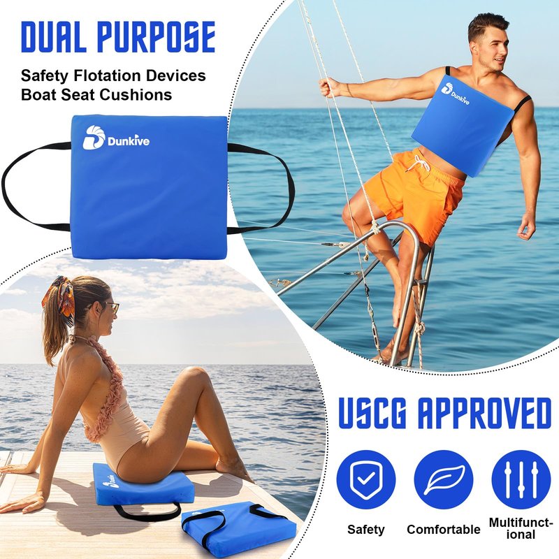 Dunkive 2 Pack Boat Throw Flotation Cushion, USCG Approved, Emergency Marine Throwable Flotation Device, Foam Boat Cushions Life Preserver, Throw Cushions for Boats, Kayaks, Canoes (Blue)