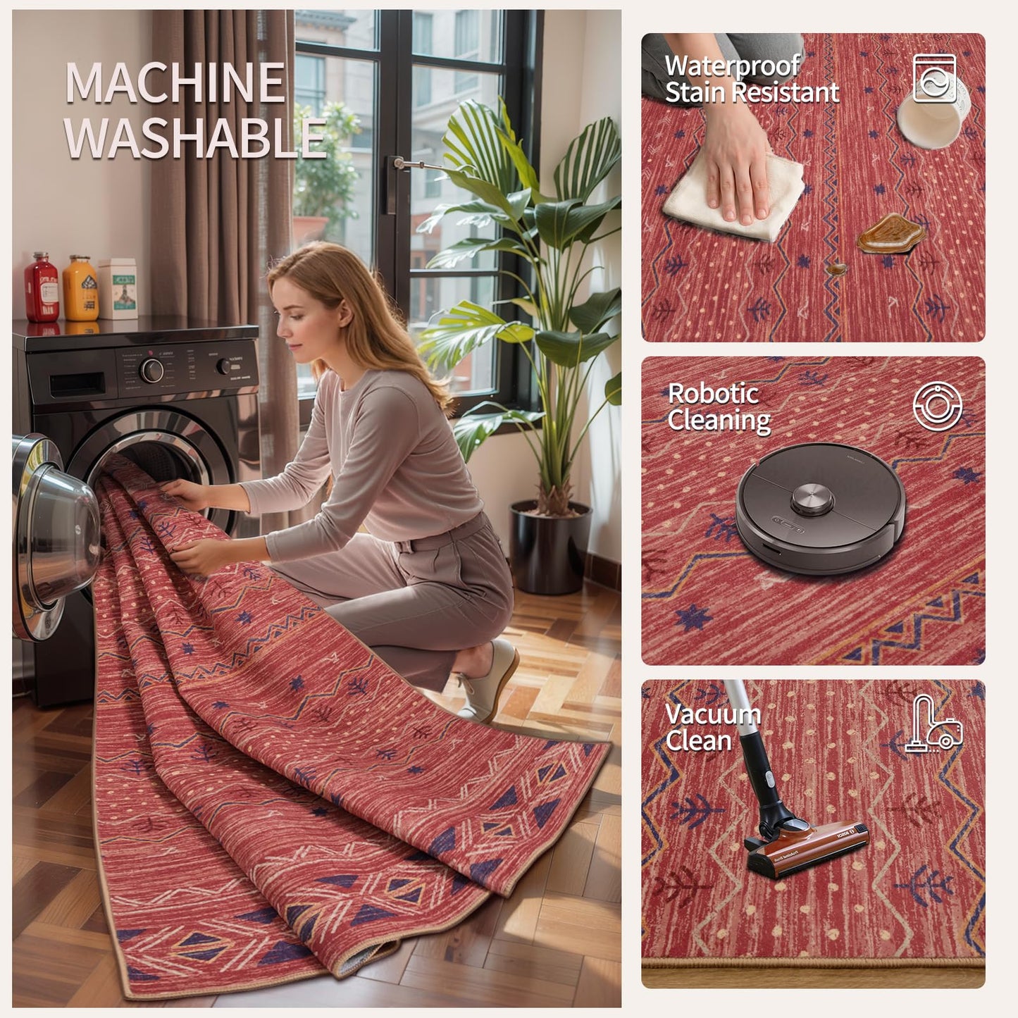 SERISSA 2x4 Rugs for Entryway, Washable Non-Slip Kitchen Runner Rug Small Red Ochre Rug, Soft Low-Pile Boho Geometric Door Mat Indoor Entrance Front Door Carpet for Bedroom Bathroom