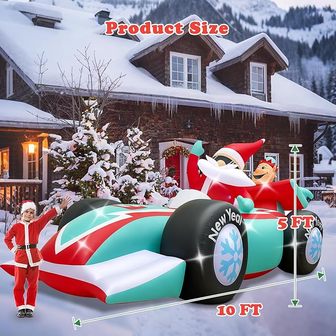 10FT Giant Christmas Inflatables Outdoor Decorations Xmas Racing Car Blow Up Yard Decorations with Built-in LED Lights for Garden Lawn Outdoor Yard Winter Holiday