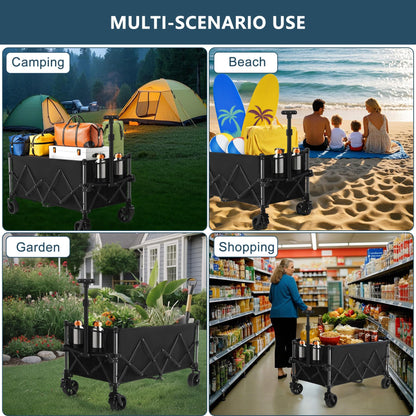 Favoyard Extra Large Collapsible Wagon Carts Foldable 220L & 360LBS Portable Folding Wagons with All-Terrain Wheels & Brakes Heavy Duty Outdoor Utility Carts for Grocery Camping Shopping Sports Garden