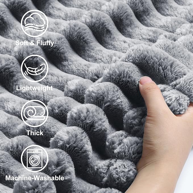 decorUhome Soft Fleece Grey Twin Blanket for Bed, Cozy Fluffy Plush Flannel Striped Throws for Couch Sofa, Lightweight Decorative Ribbed Fuzzy Blanket for Woman, 60x80 Inches