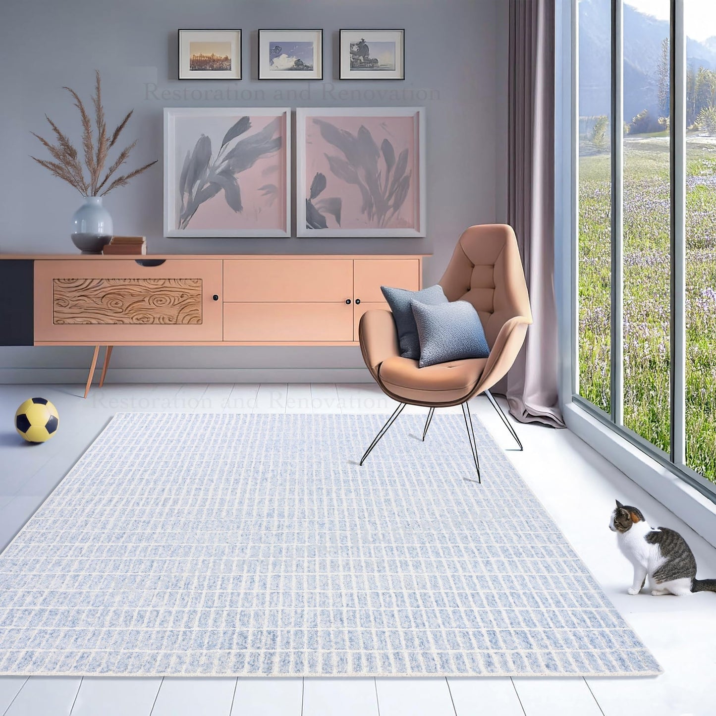 RUGORIA Hand-Tufted 100% Wool Area Rug – Unique Modern Geometric Grid Pattern, Soft Plush Textured Carpet for Living Room, Bedroom, Dining Room & Entryway (Blue,Ivory, 6' x 9')