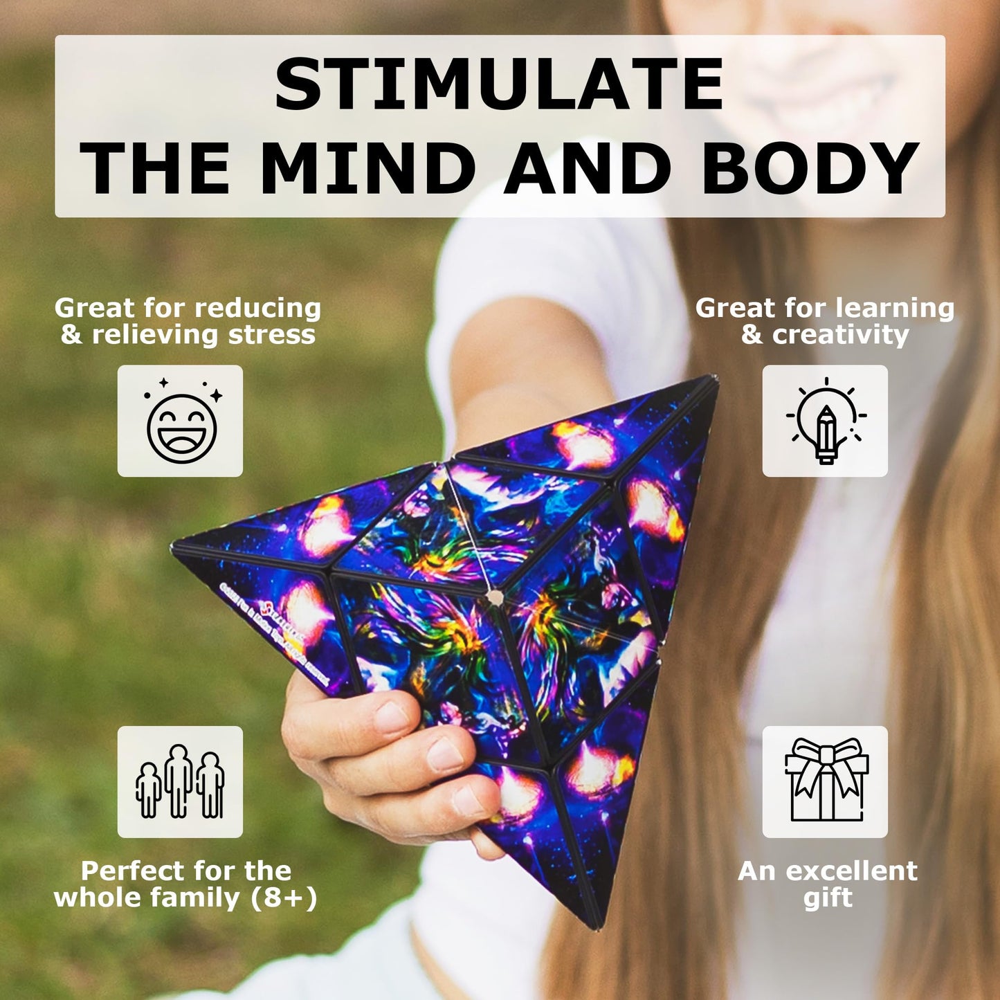 SHASHIBO Shape Shifting Box - Award-Winning Age 8+, Patented Fidget Cube w/ 36 Rare Earth Magnets - Transforms Into Over 70 Shapes, Download Fun in Motion Toys Mobile App (Artist Series-Cosmic Surfer)