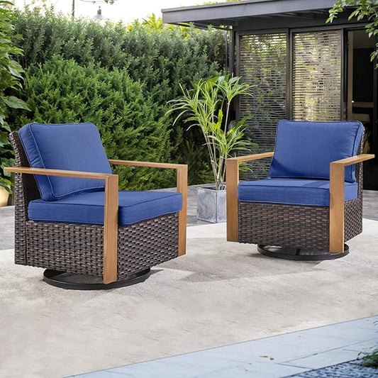 Rilyson Outdoor Patio Swivel Rocker Chairs - Wicker Rattan Patio Swivel Rocking Chairs Set of 2 with Metal Wide Armrest, Thick Cushions and Deep Seating for Deck Porch Sunroom Garden(Brown/Blue)